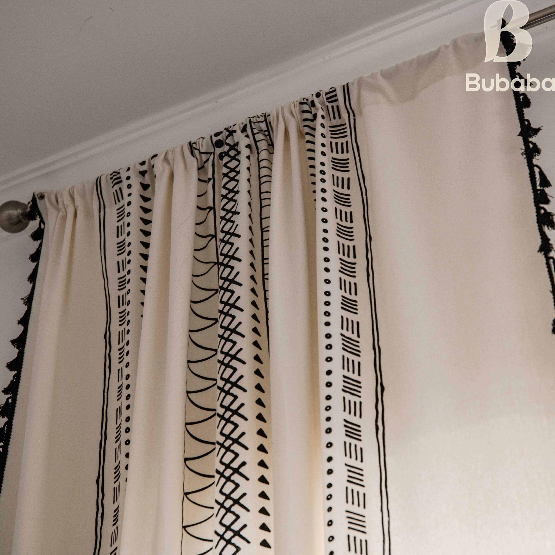Cortinas blackout de algodão e linho com estampa geométrica boho_voghion.com
