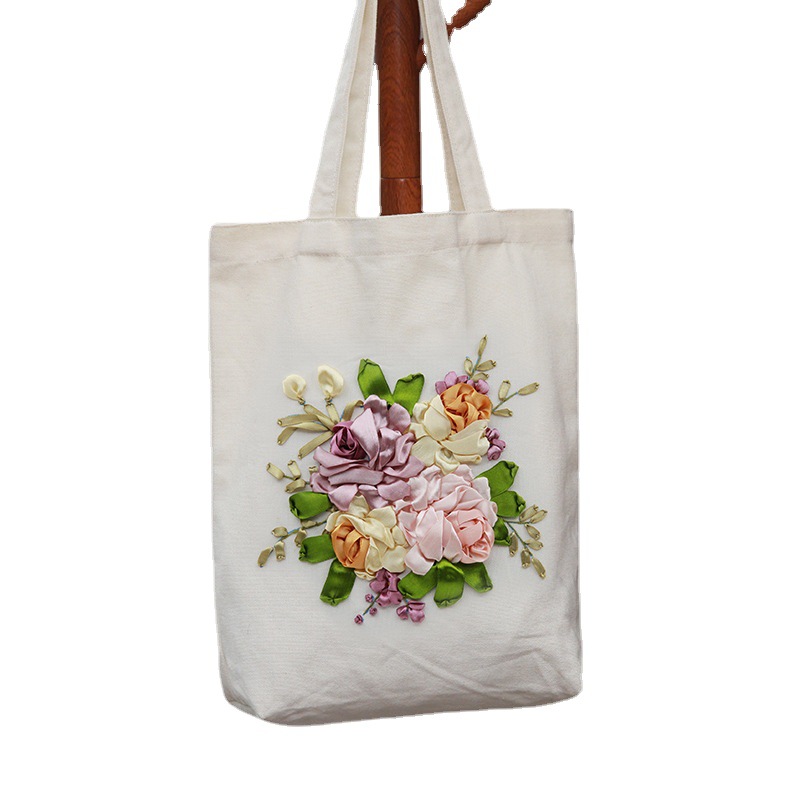 Hecho a mano DIY cinta bordada bolsa de lona Lu bordado solo hombro bolso tridimensional bordado flor lienzo mujer bolsa grande