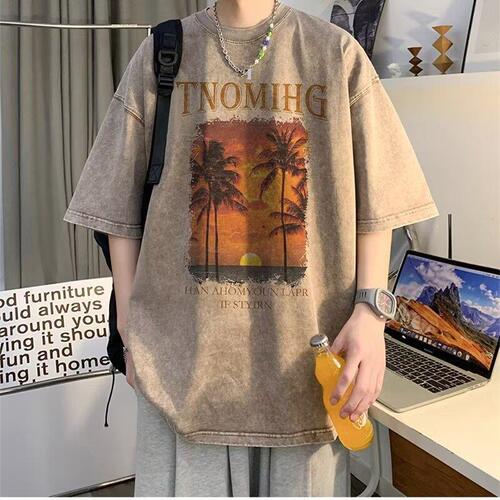 Men's Summer Supply Wash T-Shirt, Korean Style Trendy Print Half-Sleeve Top, Loose Casual Streetwear Brand