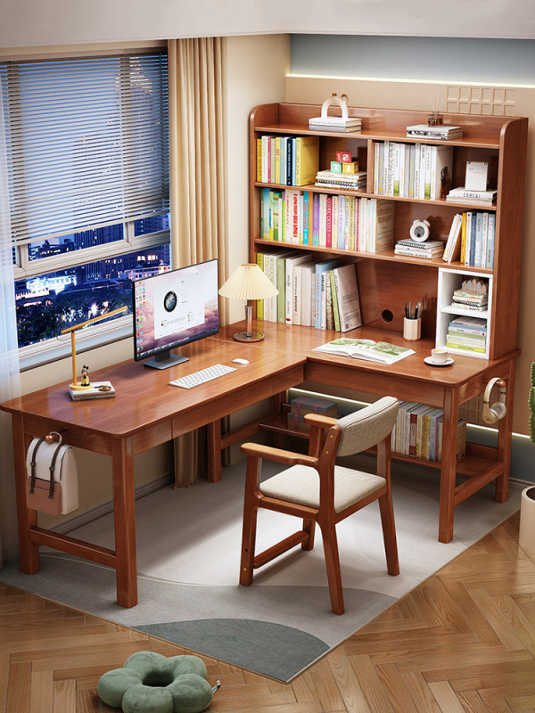 Solid wood corner desk bookshelf integrated small apartment home computer desk corner L-shaped desk student desk Solid wood corner desk bookshelf integrated small apartment home computer desk corner L-shaped desk student desk