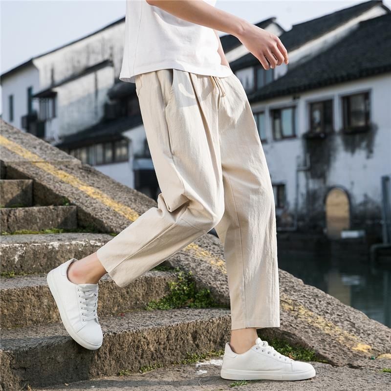 Pantalones cortos de lino para hombres 2023 primavera y verano nuevo estilo chino de lino de algodón para hombres pantalones atados al tobillo pantalones sueltos rectos Casuales
