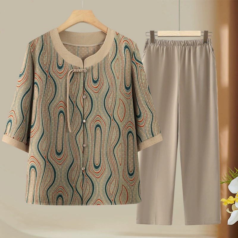 Наряд для мамы на День матери, летние женские топы среднего возраста, новая свободная футболка в китайском стиле, универсальный комплект с короткими рукавами для бабушки