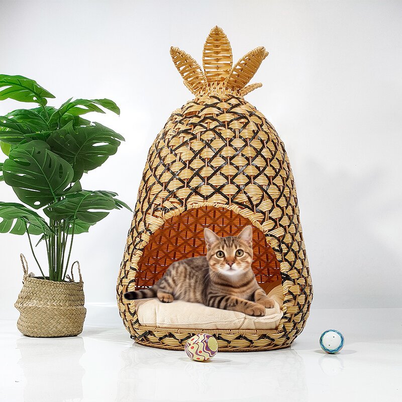 凰图工艺新款上市订制款菠萝型宠物篮猫宠猫窝藤编宠物窝猫窝猫笼