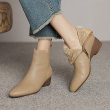 软皮短靴女2025年新款秋冬季棉靴坡跟中跟踝靴裸靴小香风加绒保暖