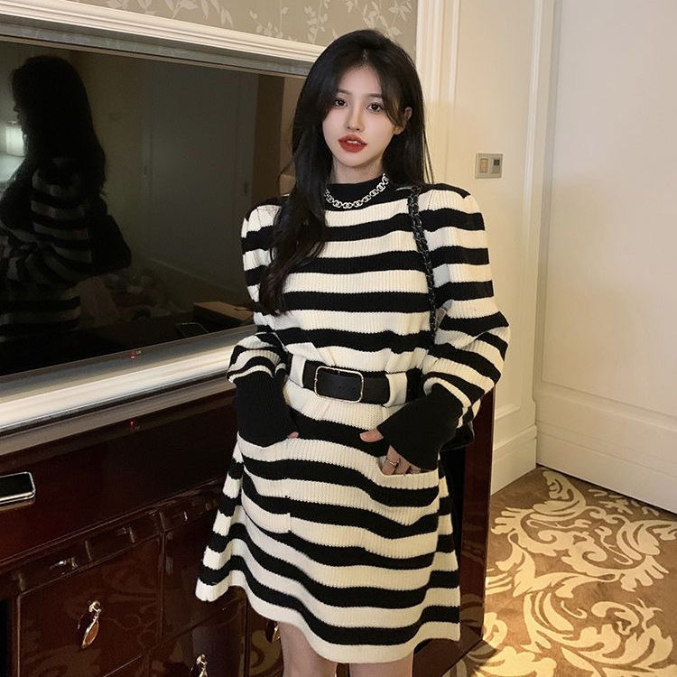 富家千金连衣裙腰带女高级感气质名媛炸街裙子配大衣中长款毛衣裙|undefined