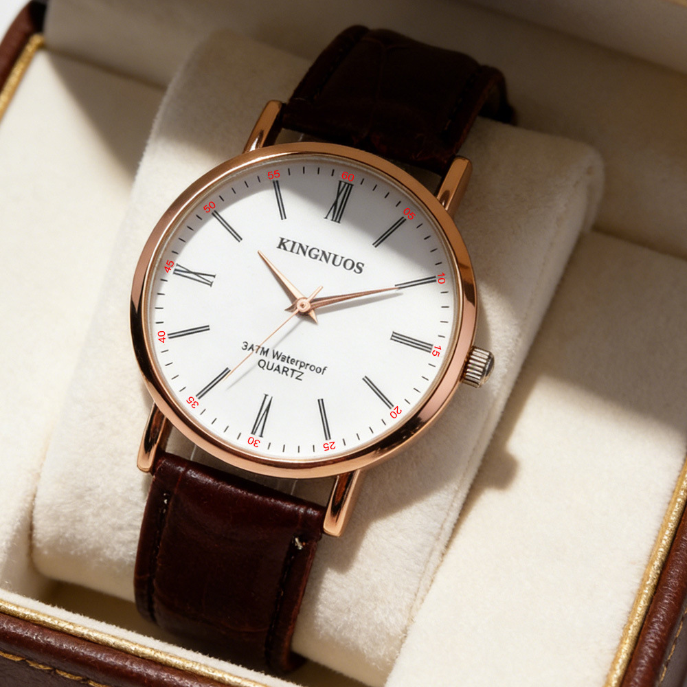 Quality Trendy Fashion Rose Gold Men Women Roman Digit Belt Watch Student Watch Waterproof Watch