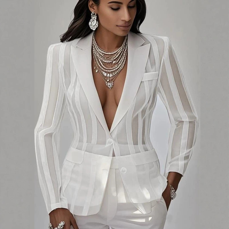 European and American style autumn white striped suit jacket for women, single-breasted, lapel, fitted waist, suitable for evening events and commuting, light luxury suit jacket