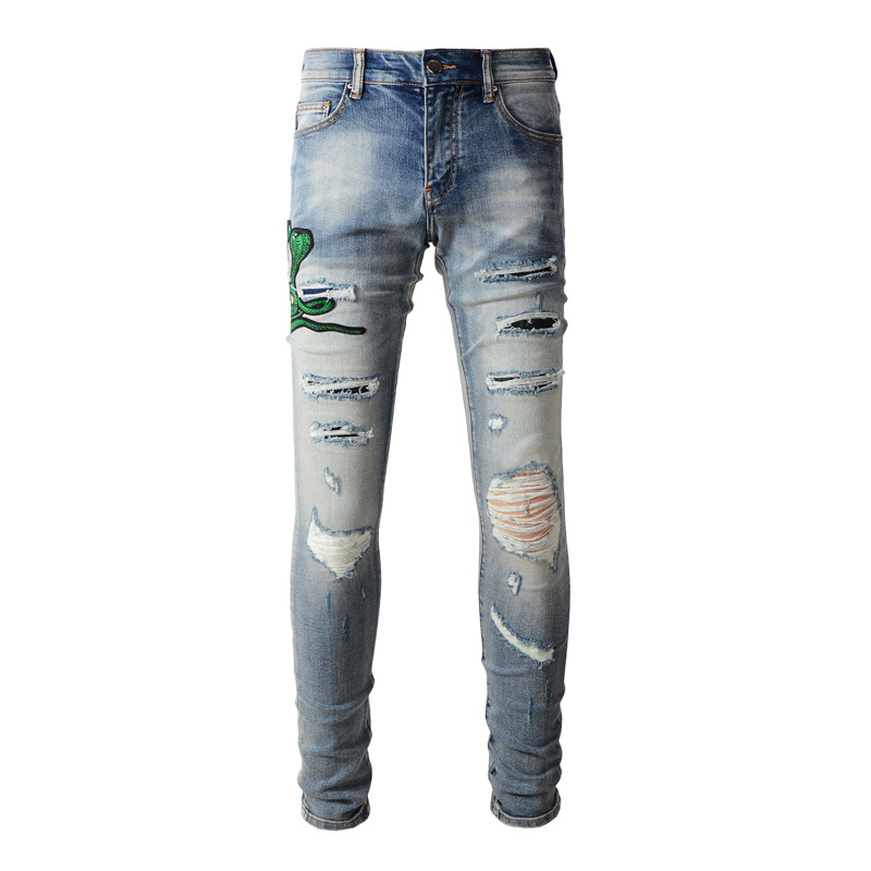 boy European And American High Street Fashion Ripped Jeans Vintage Washed Snake Embroidery Patch Hip Hop Skinny Pants Men's_viptrois.com