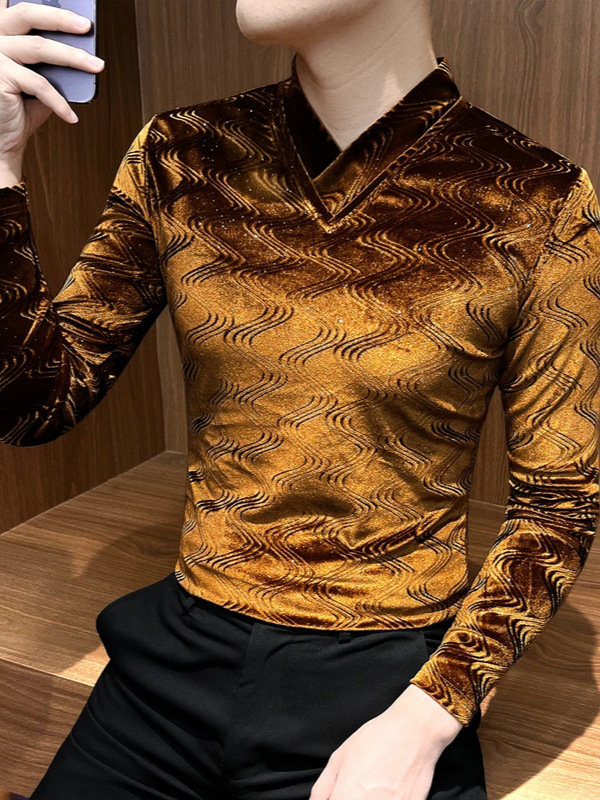 Wave Pattern V Neck T-Shirt Long-Sleeved Men's Popular 2025 New Autumn and Winter Gold Velvet Baby's Breath Men's Bottoming Shirt