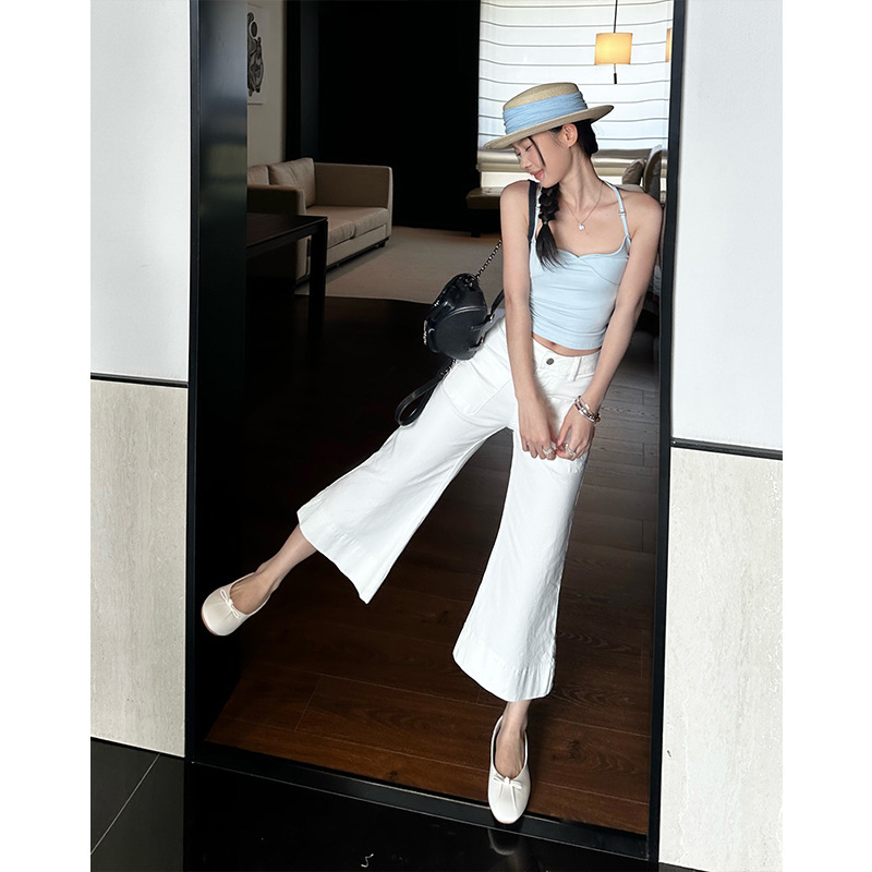 White Cropped Flared Pants for Women, Summer Versatile Elastic Loose Jeans, High-Waisted Slimming Flared Pants