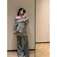 高级感气质一字领麻花毛衣女学院风慵懒露肩设计长袖针织衫上衣潮