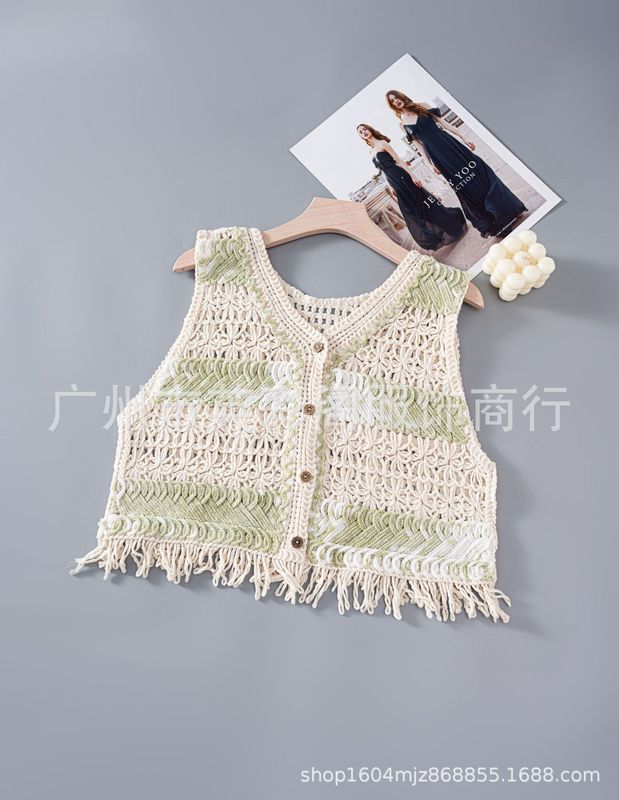 女性用のハイエンドでエレガントな中空かぎ針編みVベスト、女性用の夏の薄いノースリーブ刺繍ベストカーディガントップ|undefined