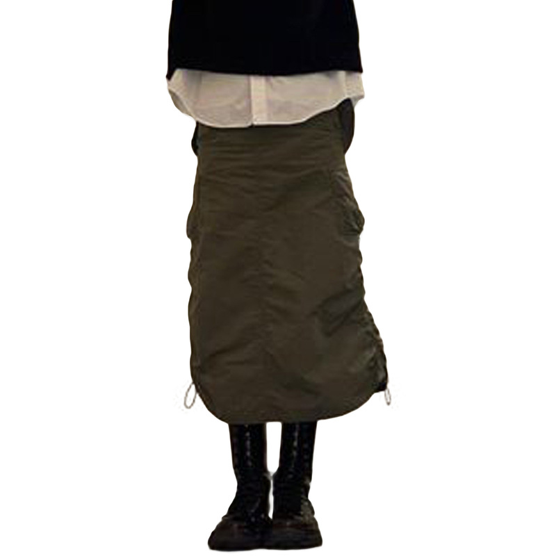 American Style Retro Design Sides Drawstring Pleated Irregular Over-the-Knee Split Long Skirt High Waist Pocket Workwear Half-length