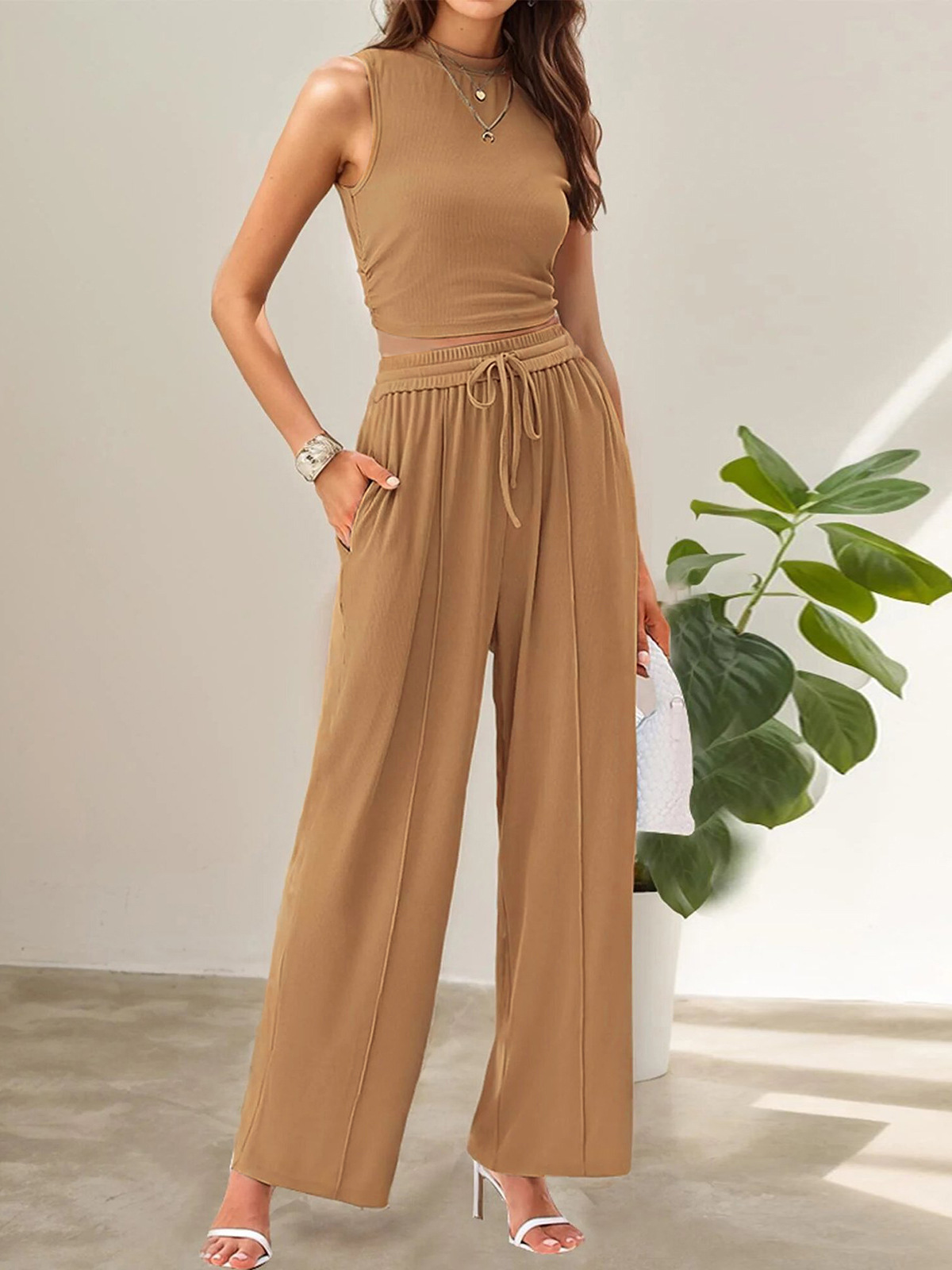 Women's Clothing Summer Leisure Suit Sleeveless Round Neck Short Slim Fit Top Wide Leg Pants Two Piece Suit_ecoleips.com