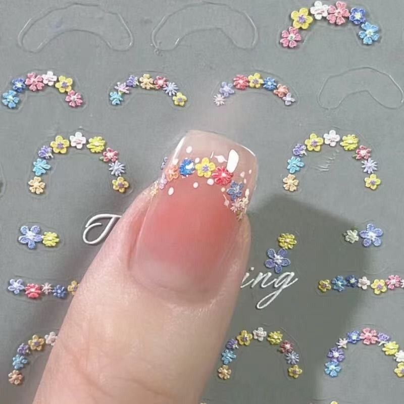 Trendy French-Style Nail Stickers with Japanese Floral Designs, Small Flowers, and 3D Colorful Floral Nail Stickers