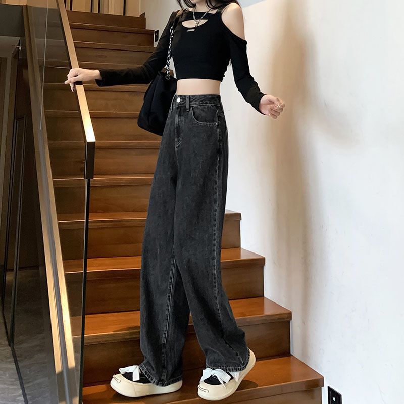 黑灰百搭阔腿牛仔裤女春秋新款高腰显瘦直筒裤垂感拖地裤