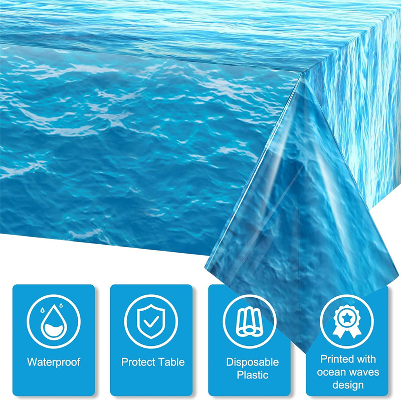 cross-border amazon ocean wave plastic tablecloth blue beach swimming pool theme birthday party supplies pe tablecloth