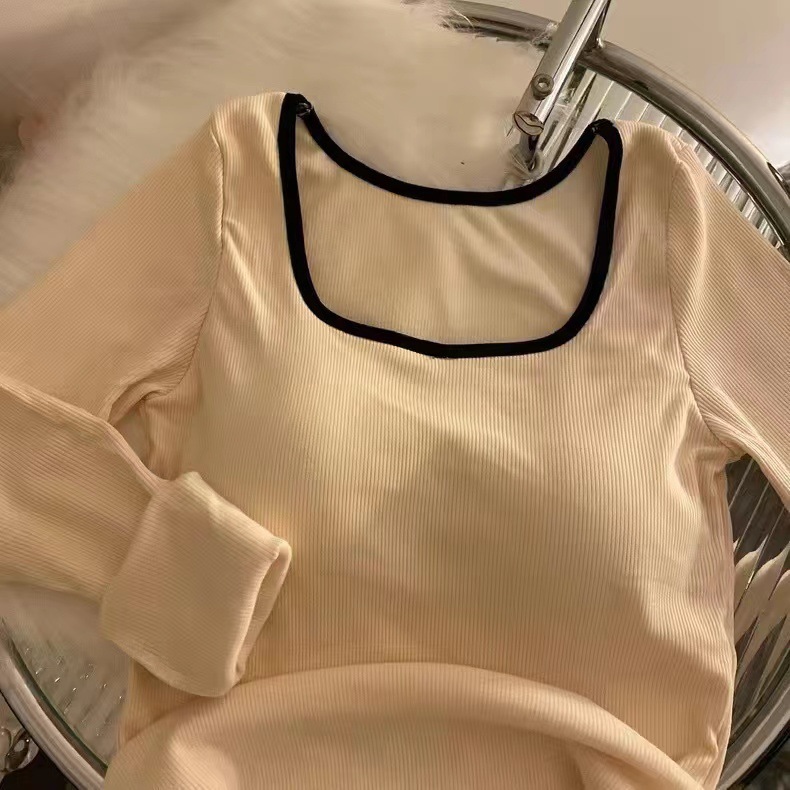Otoño e invierno cepillado cálido top de manga larga de una sola pieza de contraste de color SLIM-Fit diseño adelgazante bottoming Top con almohadilla para el pecho