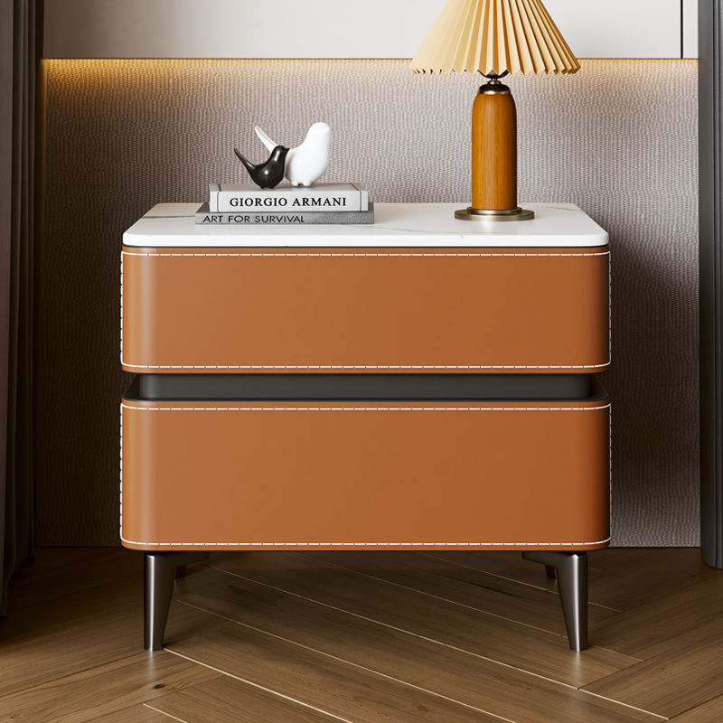 Solid Wood Bedside Table with a Light Luxury Feel, New Model for Home Master Bedroom or Hotel Room, Slate Saddle Leather Storage Cabinet