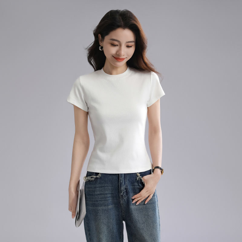 All-Match Slimming Solid Color Shoulder Short-Sleeved T-Shirt Women's 2025 Summer Slim-Fit Short White Base-Layer Shirt Top