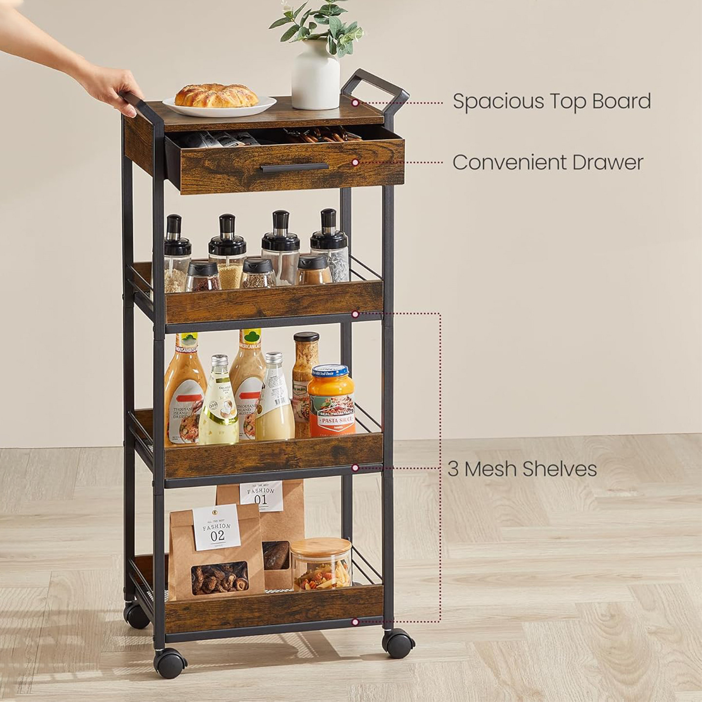 Cross-Border Kitchen Storage Trolley with Wheels, Carbon Steel Multi-Layer Gap Spice Rack Storage Cart with Drawers