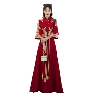 Plus size toast dress bride spring wedding engagement dress Chinese Xiuhe dress wine red long toast dress 2024