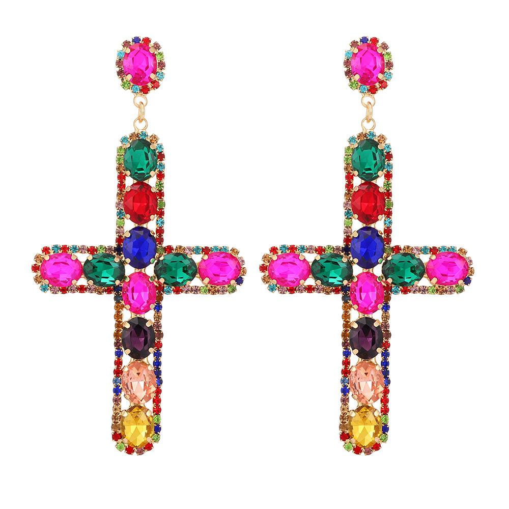 Golden Plated Plating Material Zircon Inlay Material 1 Pair Retro Cross Metal Plating Zircon Women's Earrings