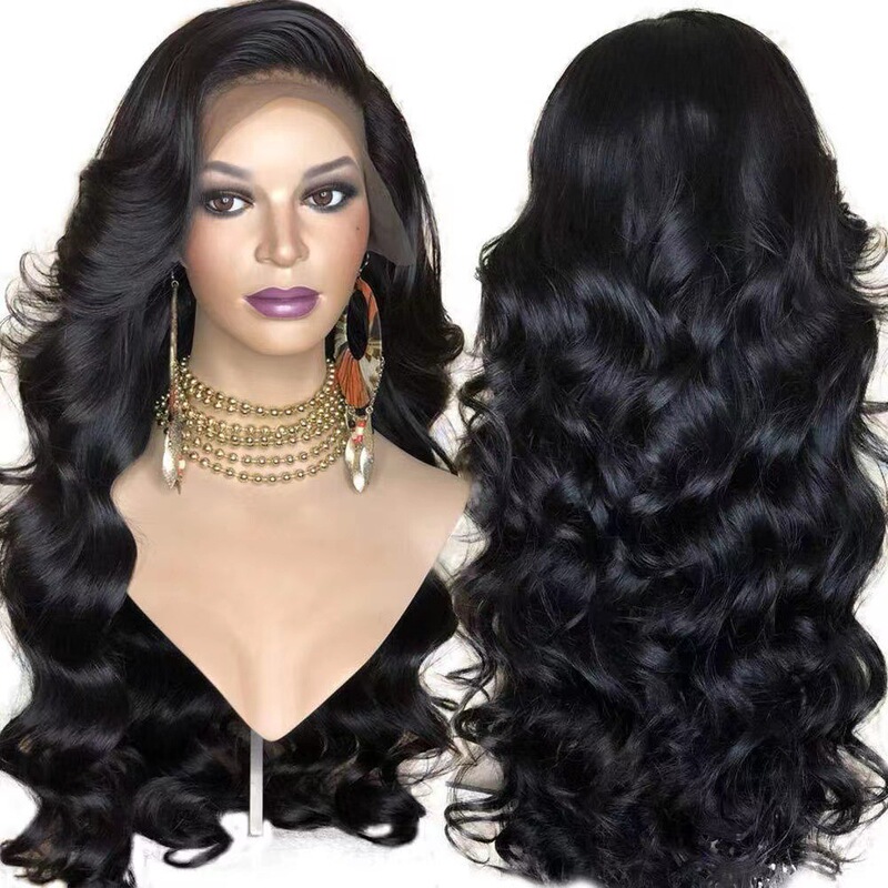 Front Lace Wig European and American Women's Long Curly Hair Front Lace Black Medium Parted Big Wave Wig Chemical Fiber Headgear