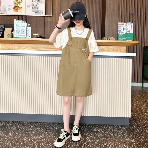 Girls' Summer Dress 2024 New Children Fashion Summer Overalls Dress for Older Girls Summer Two-Piece Dress