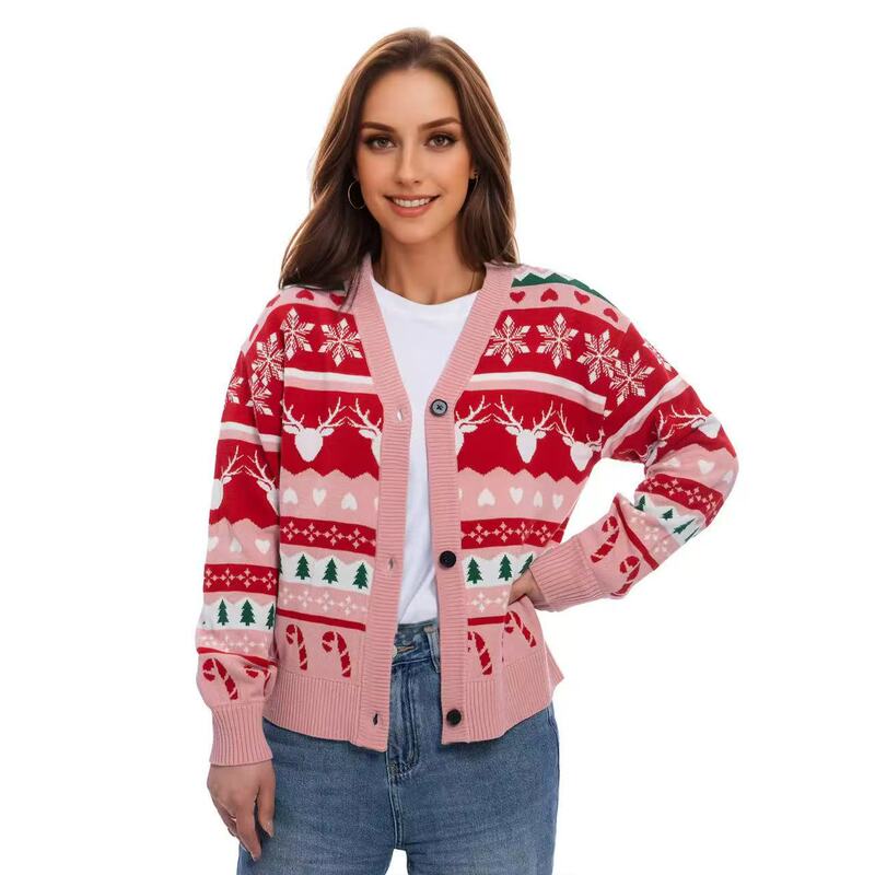 Custom-designed vintage women's long-sleeve cardigan with ugly Santa Claus pattern sweater and front logo for winter Custom-designed vintage women's long-sleeve cardigan with ugly Santa Claus pattern sweater and front logo for winter