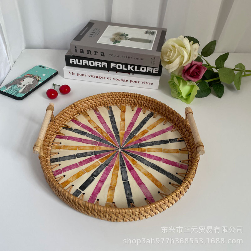 ベトナム籐編み貝殻トレー彩貝編みスナック収納バスケットお菓子スナックトレーフルーツパン茶皿|undefined