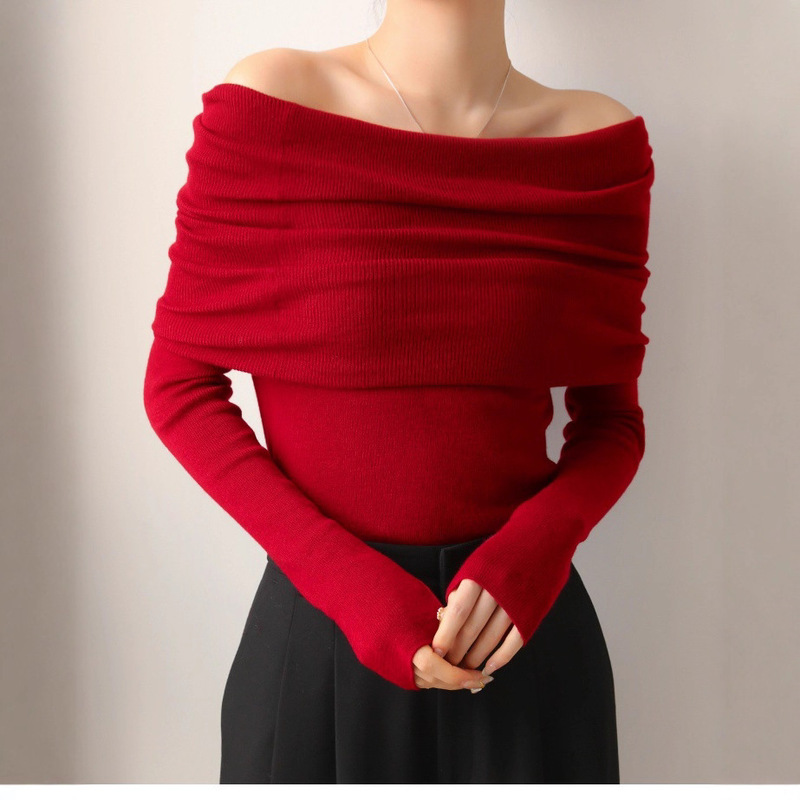 New Year Red Design One-Shoulder Long-Sleeved Knit Sweater for Women, Autumn and Winter Festive Atmosphere Slim-Fit Base Sweater