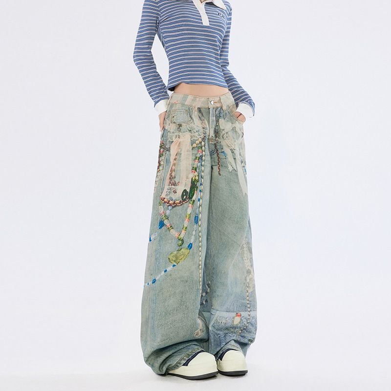 美式糖果链条裤辣妹数码印花牛仔裤子女夏季新款时髦直筒拖地长裤