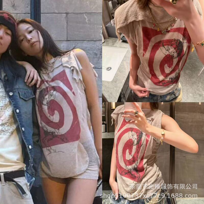 Jennie26 New Style Dune-Style Distressed Linen Knitted Double-Layer T-Shirt for Women