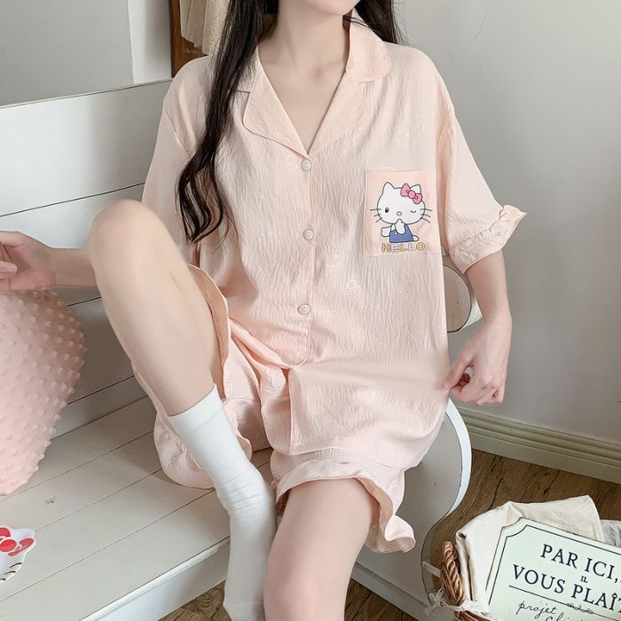 Venta al por mayor transfronteriza nuevo estilo verano nube algodón jacquard pijama mujer rebeca de solapa manga corta lindo conjunto de servicio a domicilio informal