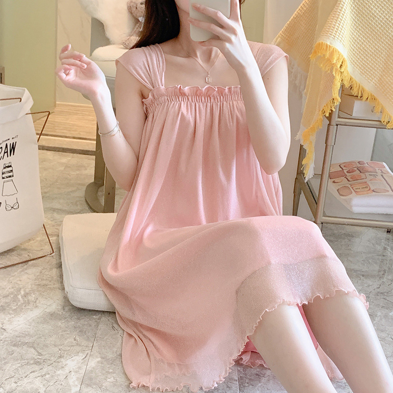 2022 summer new sexy colored sling nightgown ice silk mesh solid color sweet princess wind home clothes wholesale