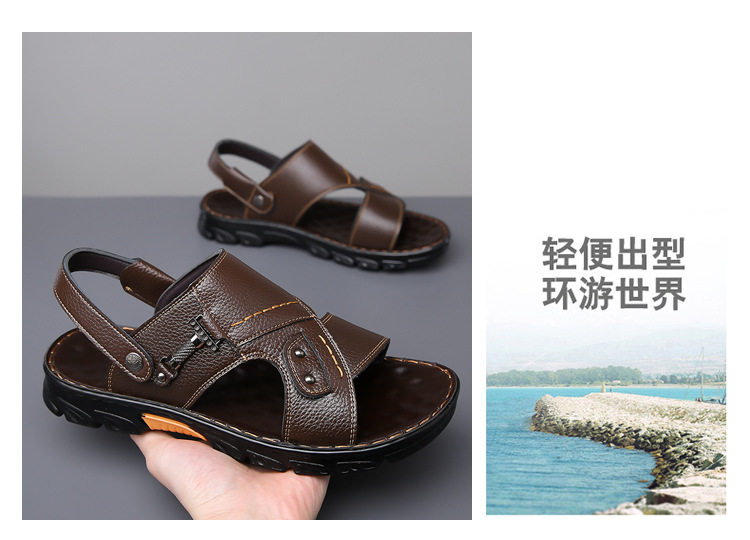 Dép sandal nam da bò thật quai ngang hở mũi, đế mềm chống trượt, đi biển và đi ngoài trời — GX màu nâu 23088, GX đen 23088 chi tiết 7