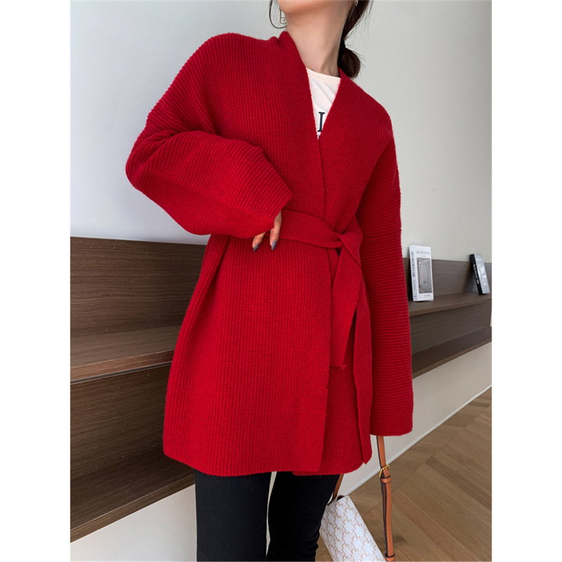 [Oportunidad real de fábrica] temporada temprana nueva solapa suéter suelto simple bata estilo cinturón suéter abrigo
