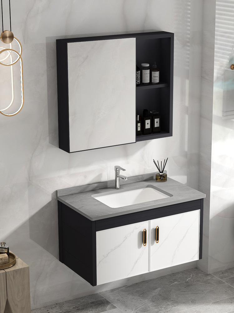 Montado en la pared gabinete de baño de aluminio espacio combinación moderna minimalista lavabo de baño lavabo Mesa de roca placa lavabo piscina