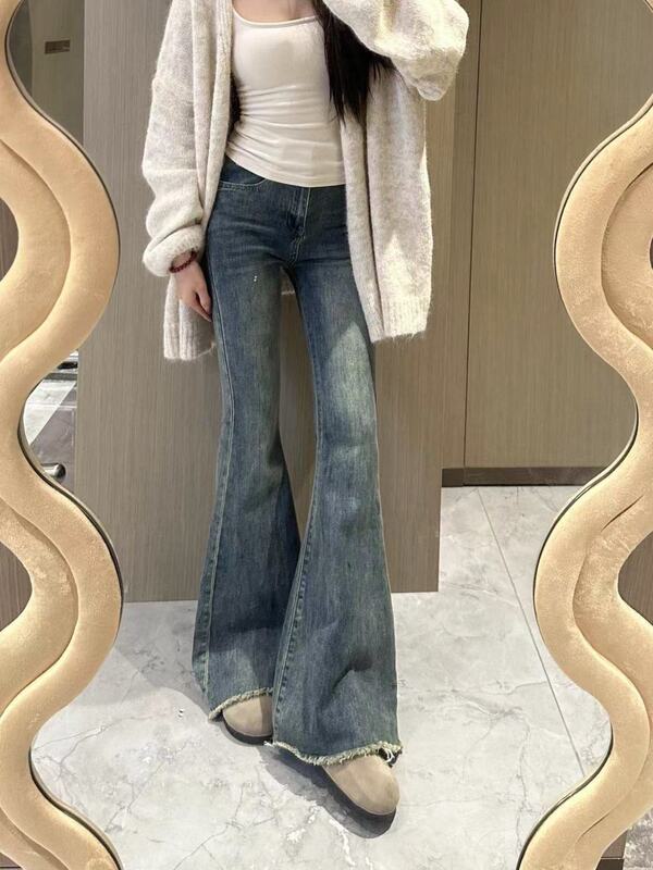 Flared Jeans for Petite Women, Hong Kong Style, Vintage, Stretchy, Slimming, Frayed Design, Tassel, Mermaid, Floor-Length Pants