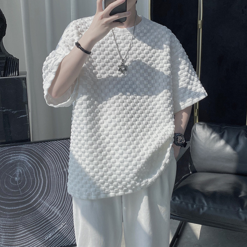Three-dimensional Chessboard Waffle Texture High-end Student Short-sleeved T-shirt Men's Loose All-match Niche Design Top