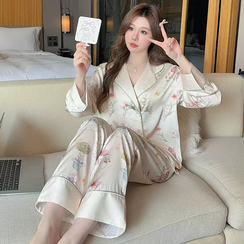 冰丝睡衣女春秋季长袖夏天薄款2025新款高级感丝绸家居服开衫套装