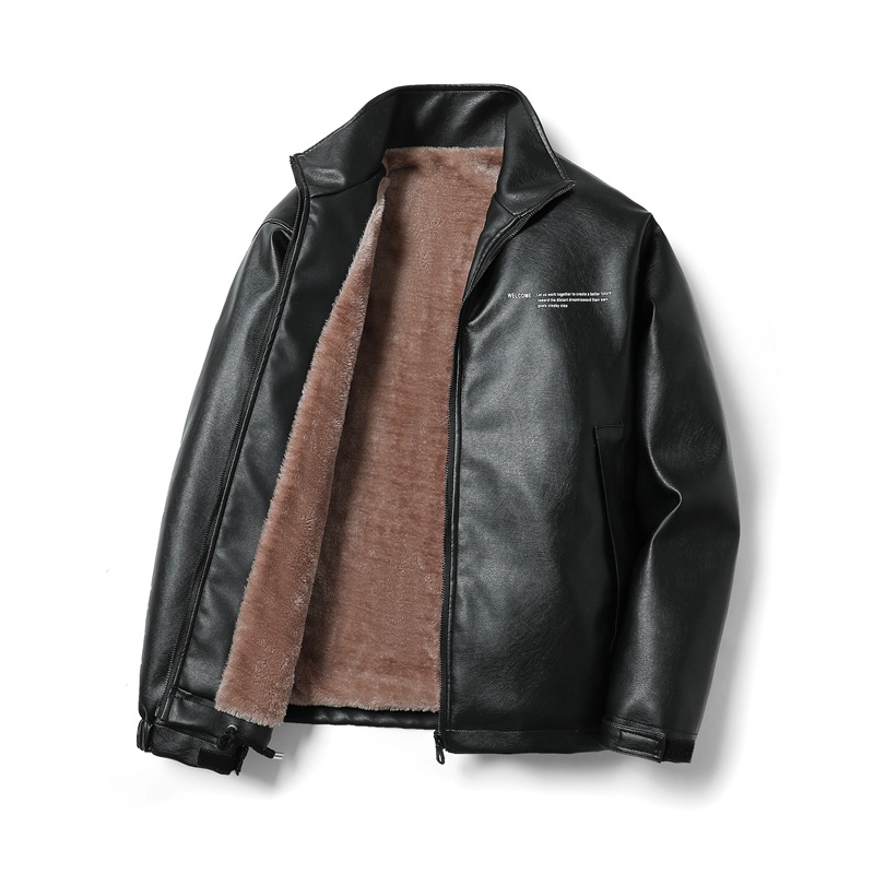 New Men's Leather Jacket Winter Fleece-Lined Casual Thickened Dad Coat Stand Collar Middle-Aged and Elderly Loose Warm Top
