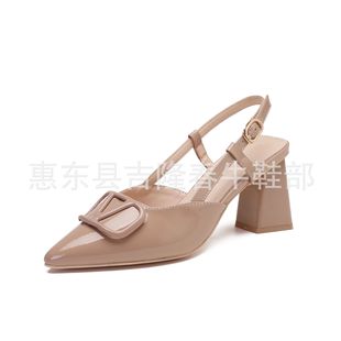 Chunky heel fashion French style summer pointed single-layer shoes high heel chunky heel back empty stiletto heel sandals [8125-1]]