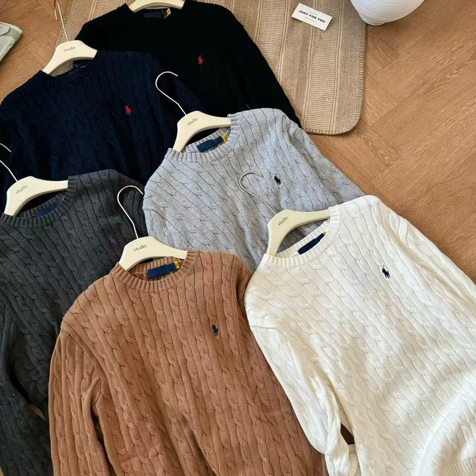 Áo len nam cổ tròn tay dài chui đầu dệt kim vặn thừng thêu hình ngựa chiến, dày dặn — Màu kaki đậm, Màu trắng, Màu xanh tím than, Màu xám nhạt chi tiết 8