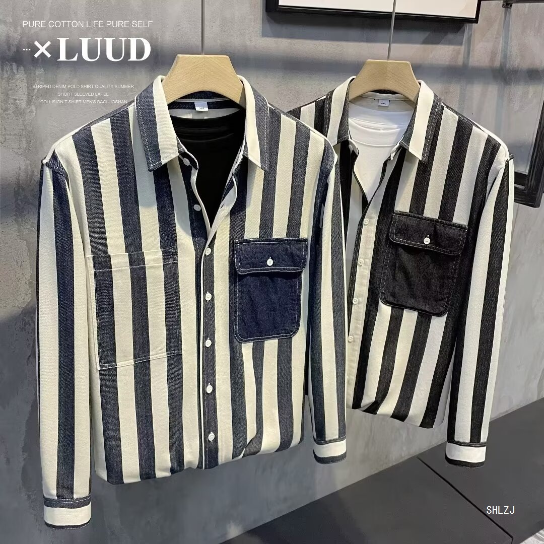2024 Striped Long-Sleeve Shirt Japanese Hong Kong Style Ins Loose Shirt Men's Summer Trendy Versatile Casual Jacket