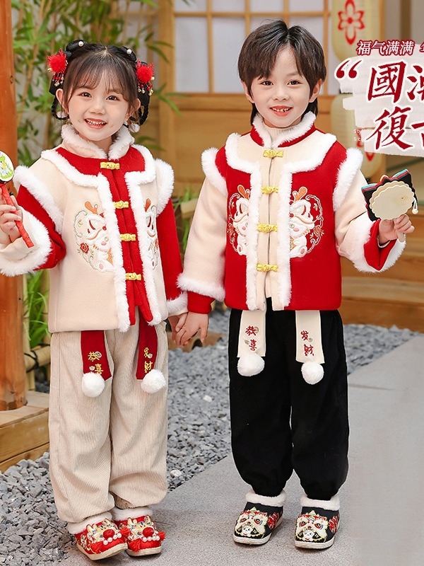冬季男童加绒年服 新年装儿童套装小童周岁拜年服 女童元旦演出服