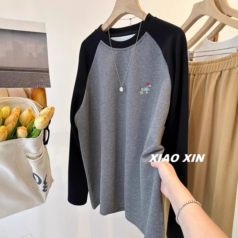 Extra large size 300kg embroidered dog sanding padded long sleeve T-shirt women's autumn and winter loose slim coat base tide