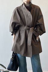 英伦风立领风衣外套女春秋复古系带收腰中长款大衣小个子宽松外套