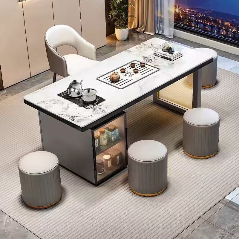 Red de Internet mesa de té de losa de roca de lujo ligero de estilo italiano, un conjunto completo de mesas y sillas de té de kung fu de oficina, mesa de té rectangular